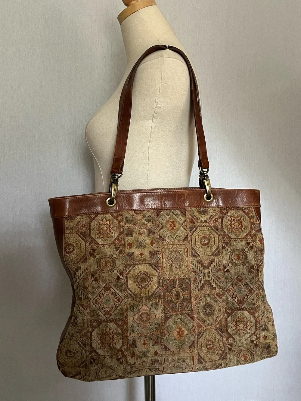 J. Jill Tapestry Genuine Leather Double Handle Tote Bag Bohemian Book Carpet Bag